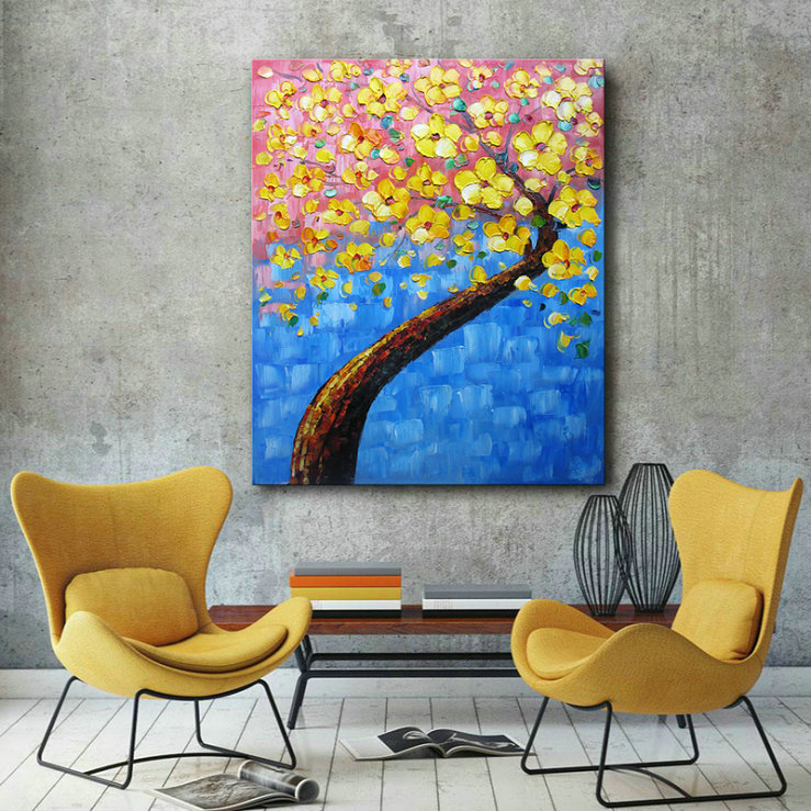 Palette Knife Painting "yellow Tree" Wall Decor flower oil Painting On Canvas yellow blue - Click Image to Close